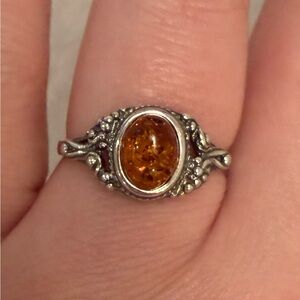 Beautiful Natural Amber Ring in 925 Sterling Silver band, size 8